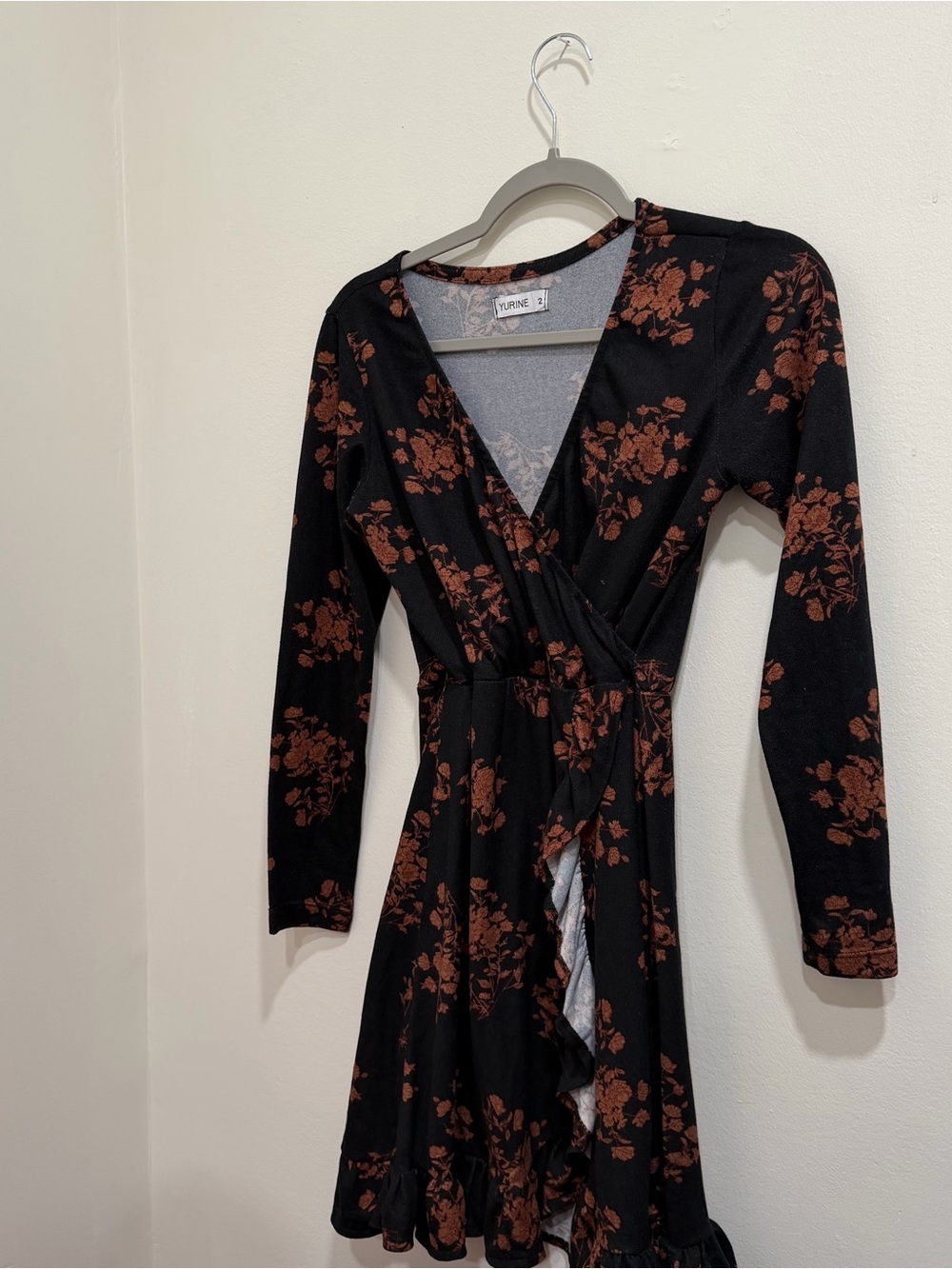 Yurne Black Wrap Dress with Rust Floral Print